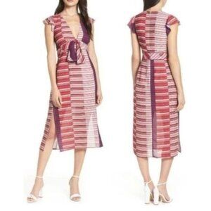 Lenon Center Tie Patch Striped V-Neck Midi Flutter Sleeve Dress Small
